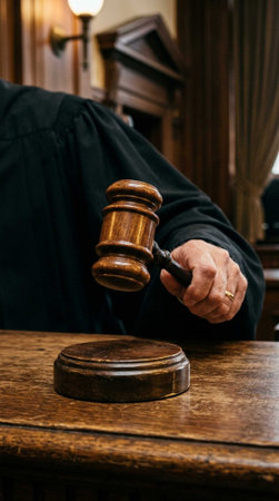Close-up of a judge's hand holding a wooden gavel