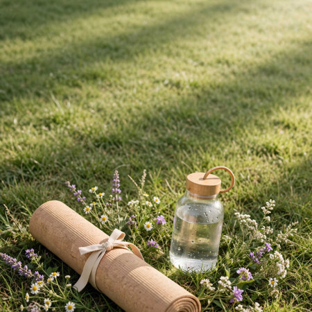 A glass bottle and a yoga mat on the grass with flowers in the background