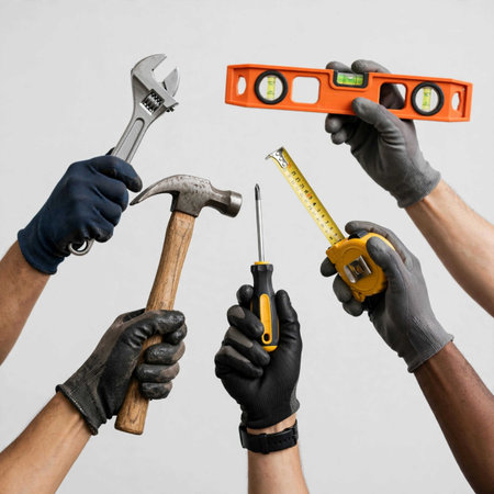 Group of hands in black gloves holding different tools isolated over white background