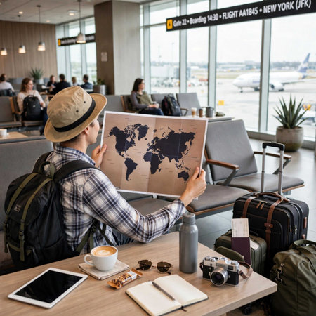 traveler looking at map while sitting at table in airport, rear view
