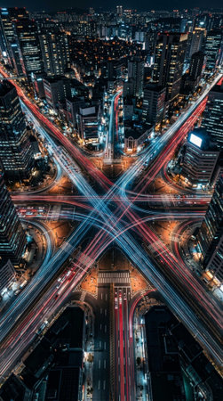 Aerial view of the city road junction with car light trails.