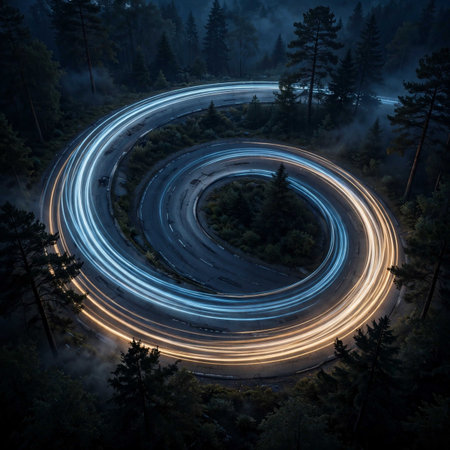 Car light trails on the road in the forest at night. Long exposure