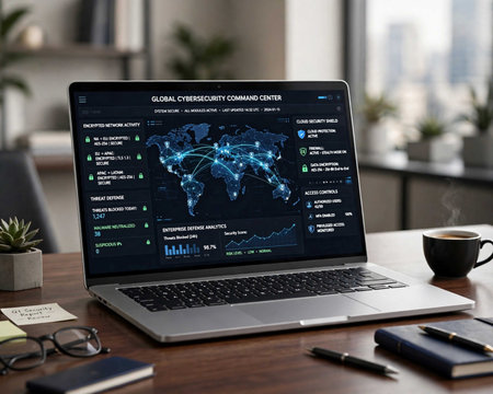 Global Communication Connection Networking Concept. Modern Laptop with World Map on Screen