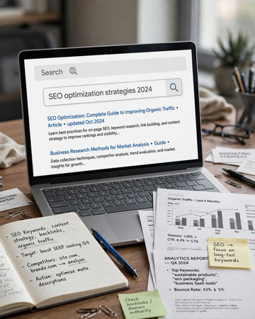 Search engine optimization concept on laptop screen. All screen content is designed by me.