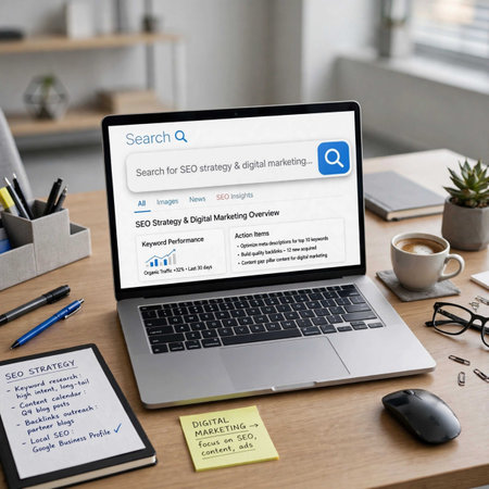 Search engine optimization concept on a laptop screen. All screen graphics are made up.