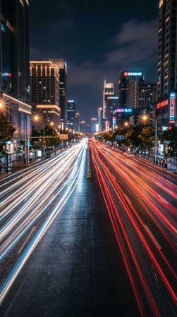 light trails on the modern building background in shanghai china.