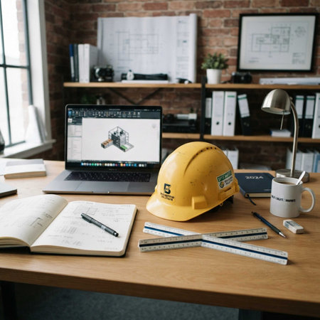 Architecture Construction Site Engineering Concept. Yellow helmet on table.
