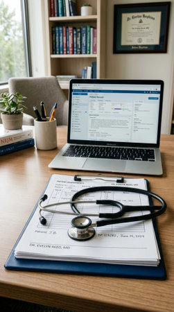 Medical stethoscope and laptop on a desk in a medical office