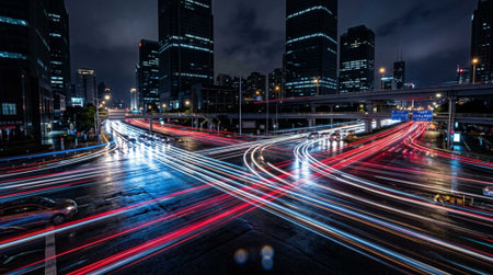 light trails on the modern building background in shanghai china.