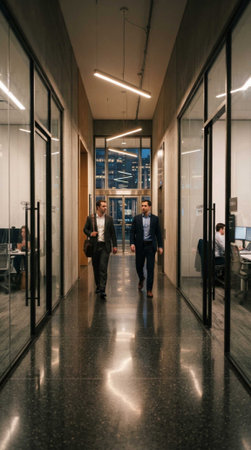 Group of business people walking in corridor of modern office building. Selective focus