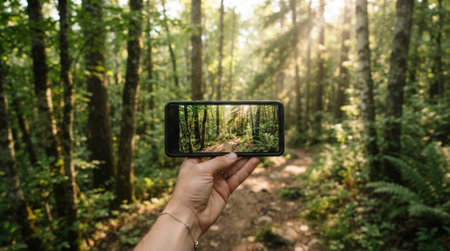 Taking photo on smart phone in the forest. Nature photography concept.