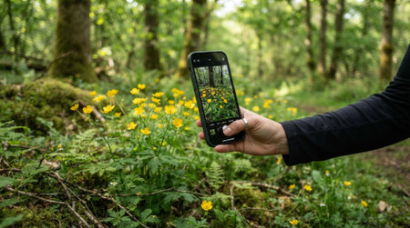 Taking a photo of wild flowers in the forest with a smart phone