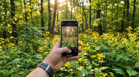 Taking photo of wildflowers with smart phone in the forest.