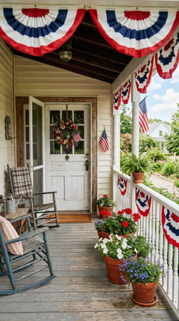 Wooden porch of old house decorated with American flags and flowers.