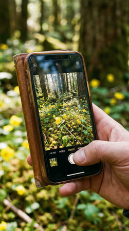 Taking a photo of wildflowers in the forest with a smartphone