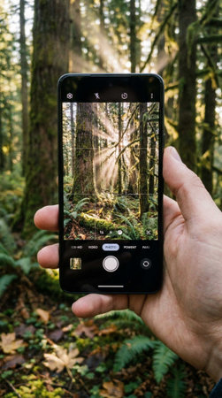 Hands holding a smartphone taking a photo of a forest landscape.