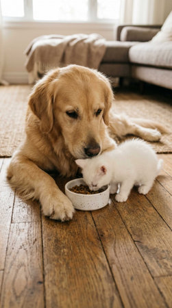 Labrador Retriever and white kitten eating food from a bowl.