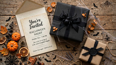 Halloween background with gift boxes, spiders, bats and spider web on wooden background