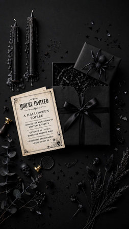 Gift box with black ribbon, eucalyptus branches, candles and old book on black background