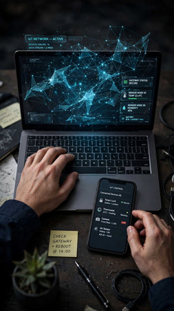 Man working on a laptop with a global network connection on the screen