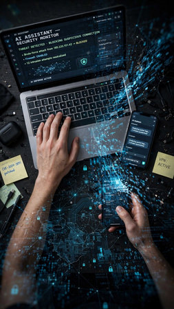 View of a Businessman working on a laptop and coding with binary code - 3d rendering