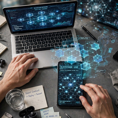 business, technology, internet and networking concept - close up of businessman hands with laptop computer and smartphone over office table background