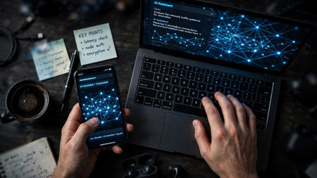 Man using a laptop and a smartphone with a global network on the screen