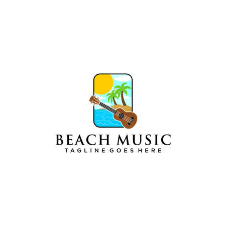 Music logo on the beach with beach view and ukulele in designのイラスト素材