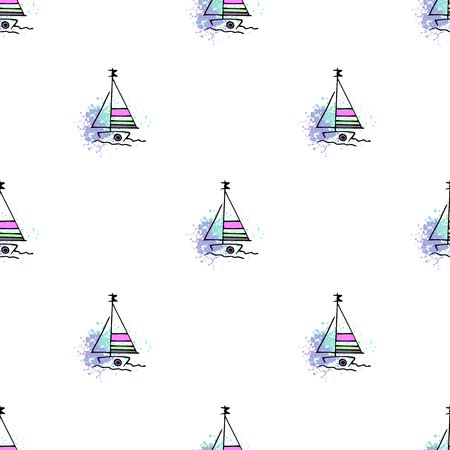 Childish pattern yachts silhouette on wave. Drawing Light summer travel sports seamless pattern. Marine icon sketch. Ship sailboat nautical. Prints Retro sailing transport. Infinitely repeating motifのイラスト素材