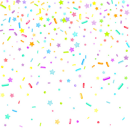 Sprinkles grainy. Cupcake donuts, dessert, sugar, bakery background. Sweet confetti on white chocolate glaze background. Vector Illustration sprinkles holiday designs, party, birthday, invitation.のイラスト素材