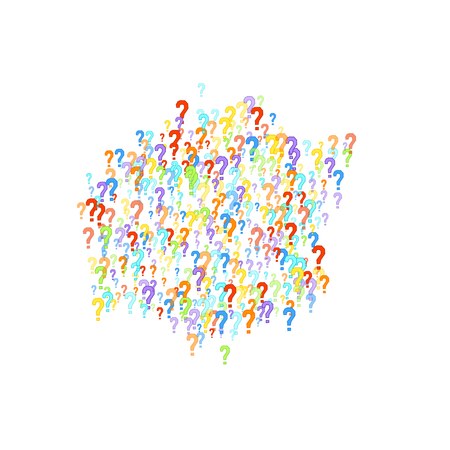 Question marks scattered on white background. Quiz, doubt, poll, survey, faq, interrogation, query background. Multicolored template for opinion poll, public poll. Rainbow color. Vector illustration.のイラスト素材