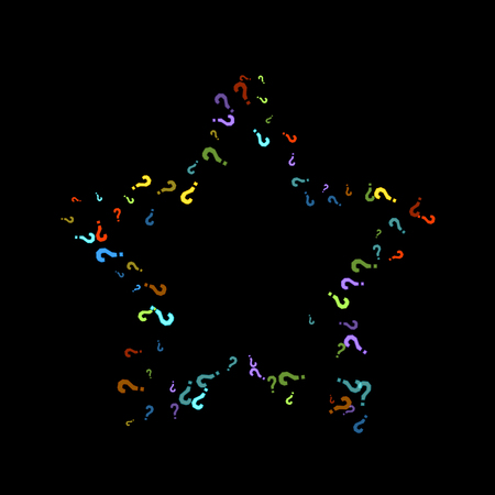 Question marks scattered on black background. Quiz, doubt, poll, survey, faq, interrogation, query background. Multicolored template for opinion poll, public poll. Rainbow color. Vector illustration.のイラスト素材