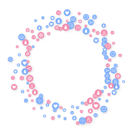 Social media marketing, Communication networking concept. Random icons social media services tags linked on white background. Comment, friend, like, share, target, message. Vector Internet concept.のイラスト素材