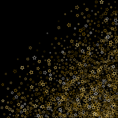 Gold Glitter Stars. Luxury Shiny Confetti. Scattered little sparkle. Flash glow silver, elements. Random magic tiny light. Gold stellar fall black background. New Year, Christmas Vector illustration.のイラスト素材