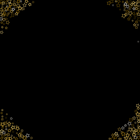 Gold Glitter Stars. Luxury Shiny Confetti. Scattered little sparkle. Flash glow silver, elements. Random magic tiny light. Gold stellar fall black background. New Year, Christmas Vector illustration.のイラスト素材