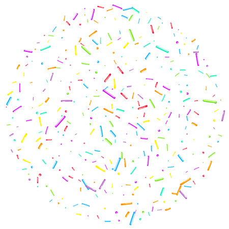 Sprinkles grainy. Cupcake donuts, dessert, sugar, bakery background. Sweet confetti on white chocolate glaze background. Vector Illustration sprinkles holiday designs, party, birthday, invitation.のイラスト素材