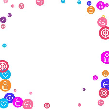 Social media marketing, Communication networking concept. Random icons social media services tags linked on white background. Comment, friend, like, share, target, message. Vector Internet concept.のイラスト素材