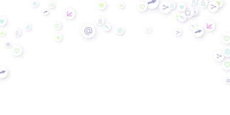 Social media marketing, Communication networking concept. Random icons social media services tags linked on white background. Comment, friend, like, share, target, message. Vector Internet concept.のイラスト素材
