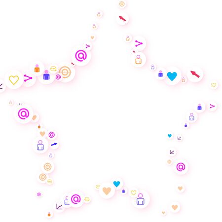 Social media marketing, Communication networking concept. Random icons social media services tags linked on white background. Comment, friend, like, share, target, message. Vector Internet concept.のイラスト素材