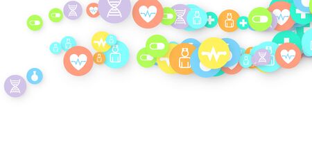 Pharmacy Background. Clinic Backdrop. Random Fall Health Care Icon. Medical Concept. Pharmaceutic Symbols. Colorful Circle Elements on White. Medicine Template. Layout Technology Vector Illustration.のイラスト素材