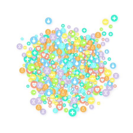 Pharmacy Background. Clinic Backdrop. Random Fall Health Care Icon. Medical Concept. Pharmaceutic Symbols. Colorful Circle Elements on White. Medicine Template. Layout Technology Vector Illustration.のイラスト素材