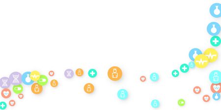 Pharmacy Background. Clinic Backdrop. Random Fall Health Care Icon. Medical Concept. Pharmaceutic Symbols. Colorful Circle Elements on White. Medicine Template. Layout Technology Vector Illustration.のイラスト素材