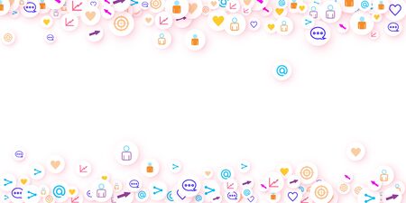 Social media marketing, Communication networking concept. Random icons social media services tags linked on white background. Comment, friend, like, share, target, message. Vector Internet concept.のイラスト素材