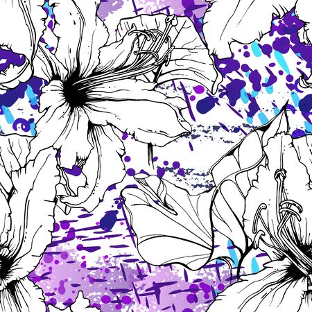 Floral Black and White Pattern. Blue Artistic Watercolor Print. Outline Flowers Seamless Surface. Botanical Vector Motif. Blooming Texture For Fashion. Drawing Abstract Leaf. Trends Tropic Background.のイラスト素材