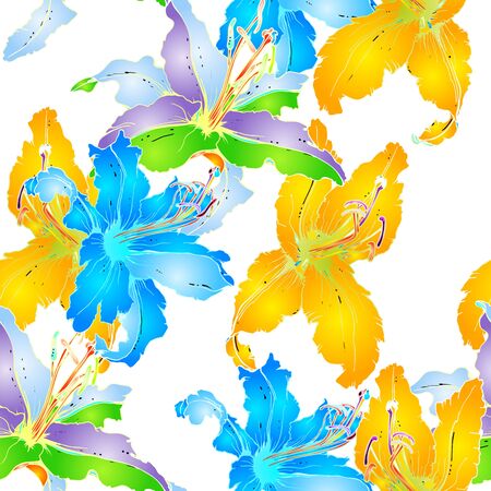 Artistic Floral Seamless Pattern. Colorful Botanical Vector Motif. Blooming Texture For Fashion Prints. Outline Lily Flowers Surface. Style Motif. Elegant Sketches Drawing Illustrated.のイラスト素材