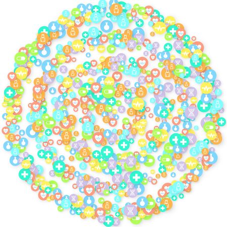 Pharmacy Background. Clinic Backdrop. Random Fall Health Care Icon. Medical Concept. Pharmaceutic Symbols. Colorful Circle Elements on White. Medicine Template. Layout Technology Vector Illustration.のイラスト素材