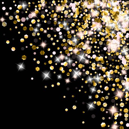 Gold Glitter Stars. Luxury Shiny Confetti. Scattered little sparkle. Flash glow silver element. Random magic tiny light. Hexagon stellar fall black background. New Year, Christmas Vector illustration.のイラスト素材