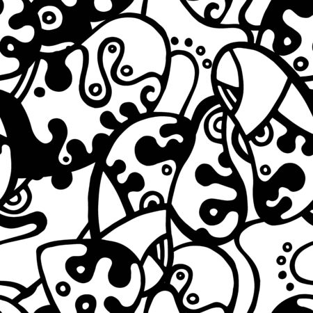 Doodles Print. Modern Seamless Pattern.  Black, White Chaotic Hand Drawn. Linear Collage. Bizarre Street Art. Creative Trendy Style. Abstract, Contrast Shape. Doodle Crazy Vector Background.のイラスト素材