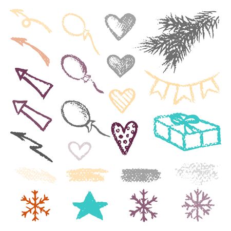 Set chalk vector textures. Collection hand drawn elements. Dirty Grunge Pastel pencil. Hearts, stars, hash tag, stripes, brushes, scribble, check marks. Smear Crayon pencil strokes symbols background.のイラスト素材