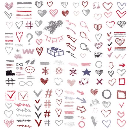 Set chalk vector textures. Collection hand drawn elements. Dirty Grunge Pastel pencil. Hearts, stars, hash tag, stripes, brushes, scribble, check marks. Smear Crayon pencil strokes symbols background.のイラスト素材